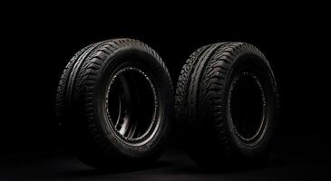 New car tires. Group of road wheels on dark background. Summer Tires with asymmetric tread design. Driving car concept. . photo