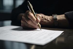 de cerca de persona de negocios firma contrato, escritura papel a el escritorio con bolígrafo y leyendo libros a mesa con básico negocio formar documento trabajando en oficina. generativo ai. foto