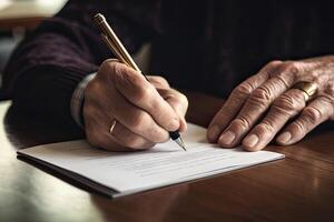 de cerca de persona de negocios firma contrato, escritura papel a el escritorio con bolígrafo y leyendo libros a mesa con básico negocio formar documento trabajando en oficina. generativo ai. foto