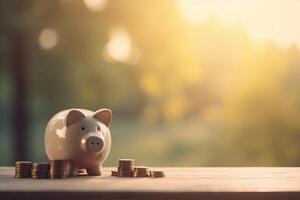Saving money by putting a coin into piggy bank on nature background. Generative Ai. photo