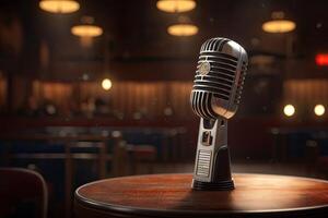 Microphone On The Theater Stage Before The Concert With Empty Seats And Blurred Lights. . photo