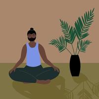 un hombre lo hace yoga, medita en un habitación con un planta de casa. un calma personaje se sienta en un rústico piso. un persona es comprometido en ejercicios en armonía con él mismo, calma, disfruta dibujos animados vector ilustración