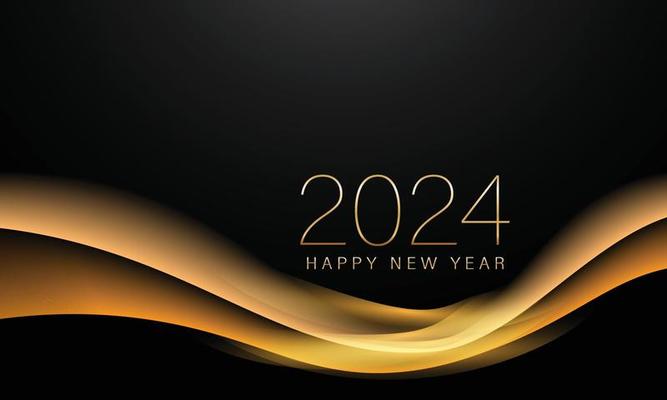 2024 New year with Abstract shiny color gold wave design element and glitter effect on dark background. For Calendar, poster design