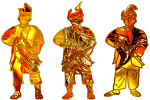 men wear Malay warrior tradition cloth stand and hold traditional Malay weapon png