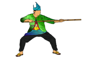 Guerreiro vestem traje malaya Nusantara praticando marcial arte usava rattan bastão png