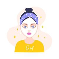 Girl with a white cosmetic mask on her face. Vector illustration