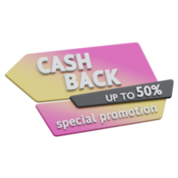 especial promoción efectivo espalda hasta 50 por ciento 3d prestar, transparente fondo, efectivo espalda Insignia png