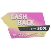 especial promoción efectivo espalda hasta 50 por ciento 3d prestar, transparente fondo, efectivo espalda Insignia png