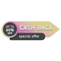 special offer cash back upto 60 percent 3d render, transparent background, cash back badge png