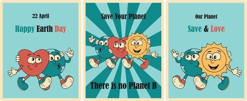 A collection of bright groovy posters from the 80s. Retro poster with earth, heart and sun characters. Planet Day 22 April. Save your planet, you don't have Planet B, Protect and love our planet. vector