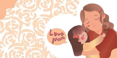 Congratulations on Mother's Day, mom and child hug each other with flowers background and love heart vector