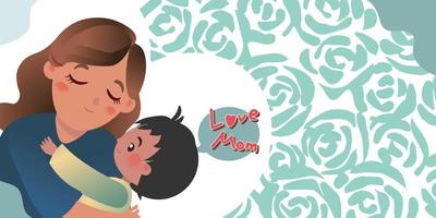 Congratulations on Mother's Day, mom and child hug each other with flowers background and love heart vector