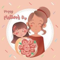 happy mother's day, mother and daughter holding bouquet vector