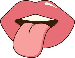 Retro sticker of lips in groovy style with tongue in mouth. Concept of 70s,80s. Vector illustration.