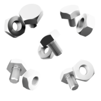 3d representación nueces y tornillos icono colocar. 3d hacer metal varilla con un tornillo hilo a el final para fijación desmontable conexiones diferente posiciones icono colocar. png