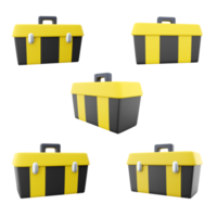 3d interpretazione attrezzo scatola giallo e nero colore icona impostare. 3d rendere scatola per organizzare, trasportare e proteggere il proprietari utensili diverso posizioni icona impostare. png