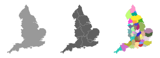 England map set of grey and multicolor administrations regions map png