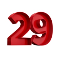 3d illustration of red number 29 or Twenty Nine inner shadow png