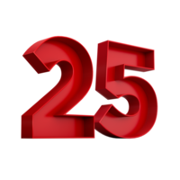 3d illustration of red number 25 or Twenty Five inner shadow png