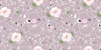 Cute piglet themed seamless pattern vector