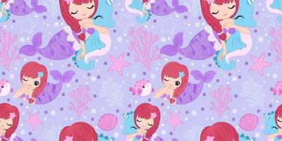 Cute Mermaids And Sea Life Seamless Pattern vector