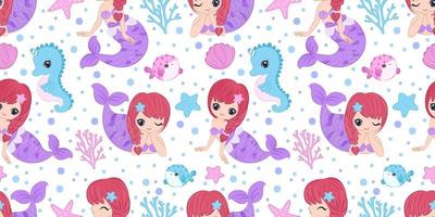 Cute Mermaids And Sea Life Seamless Pattern vector