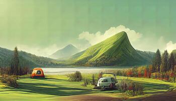 Mountain, forest, green meadow and car near a lake on opened pages of magazine. photo