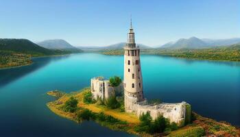 3D Beautiful lake and tower view from balcony wallpaper, Detailed, colored. photo