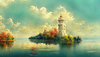 3D Beautiful lake and tower view from balcony wallpaper, Detailed, colored. photo