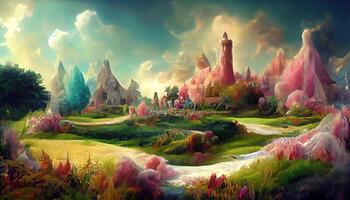 Fantasy landscape, fairyland, digital fresco, Detailed, colored. photo