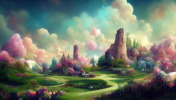 Fantasy landscape, fairyland, digital fresco, Detailed, colored. Generative Ai photo