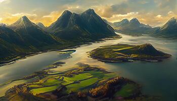 Aerial view on Andalsnes At Sunsise Over Mountain, Norway, Mountain Landscape. photo