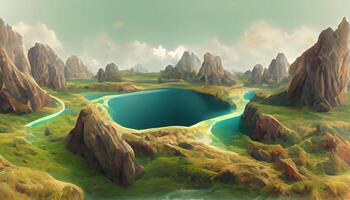 3D illustration of part of a cave with a small lake and vegetation. photo