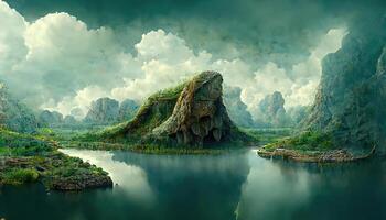3d landscape with grassy hills and blue cloudy sky. photo