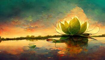 Wonderful Beautiful lotus with green leafs in pond against sunset sky. photo