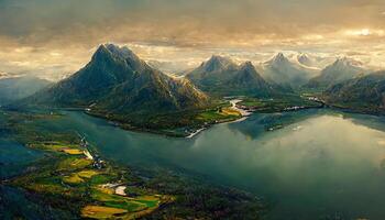 Breathtaking shot of the mountainous landscape with the ocean captured in reine. photo