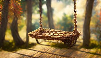 Old wooden terrace with wicker swing hang on the tree with blurry nature background 3d render. photo