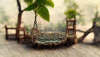 Amazing Old wooden terrace with wicker swing hang on the tree with blurry nature background 3d render. photo