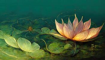 Closeup of a white sacred lotus on a lake under sunlight. photo