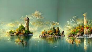 3D Beautiful lake and tower view from balcony wallpaper, Detailed, colored. photo