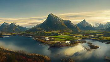 High angle shot of a lake on a summit surrounded by rocky mountains. photo