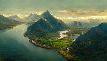 aéreo ver de el Vouglan represa y reservorio norte de oyonnax, Francia. generativo ai foto