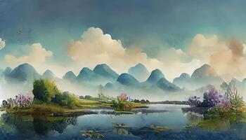 In summer morning, lotus, pond and distant mountain clouds and fog. photo