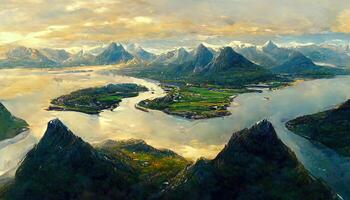 Breathtaking shot of the mountainous landscape with the ocean captured in reine. photo