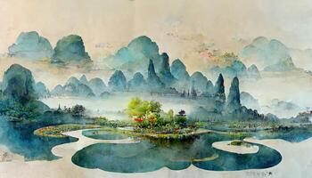 Awesome Large and wide ink landscape painting in Chinese painting and 3D illustration style. photo