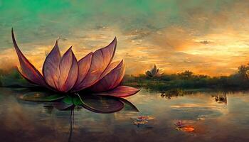 maravilloso hermosa loto con verde hojas en estanque en contra puesta de sol cielo. generativo ai foto