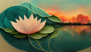 Beautiful lotus with green leafs in pond against sunset sky. photo