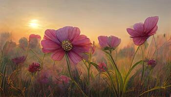 Pink cosmos flower blooming in the field. photo
