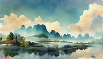 In summer morning, lotus, pond and distant mountain clouds and fog. photo