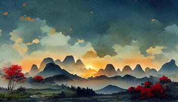 At sunset, there is a continuous landscape with thousands of birds nesting in the mountains. photo